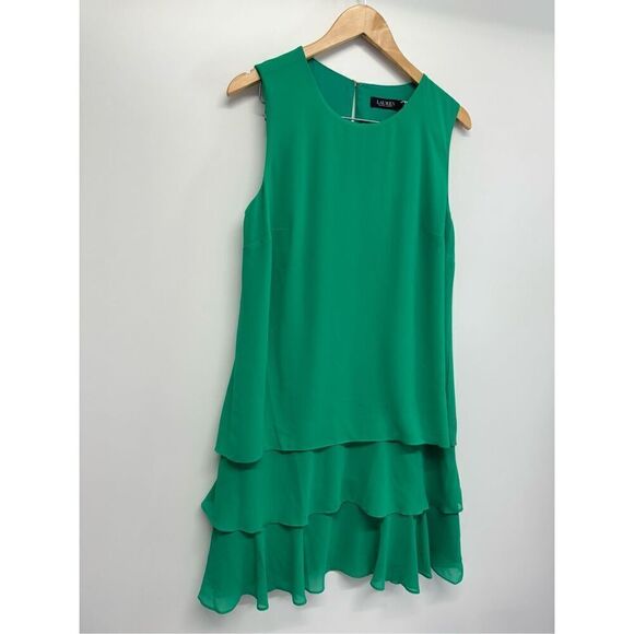 Lauren Ralph Lauren Shift Dress Size 12 Green Round Neck Ruffled NWT - Picture 3 of 13